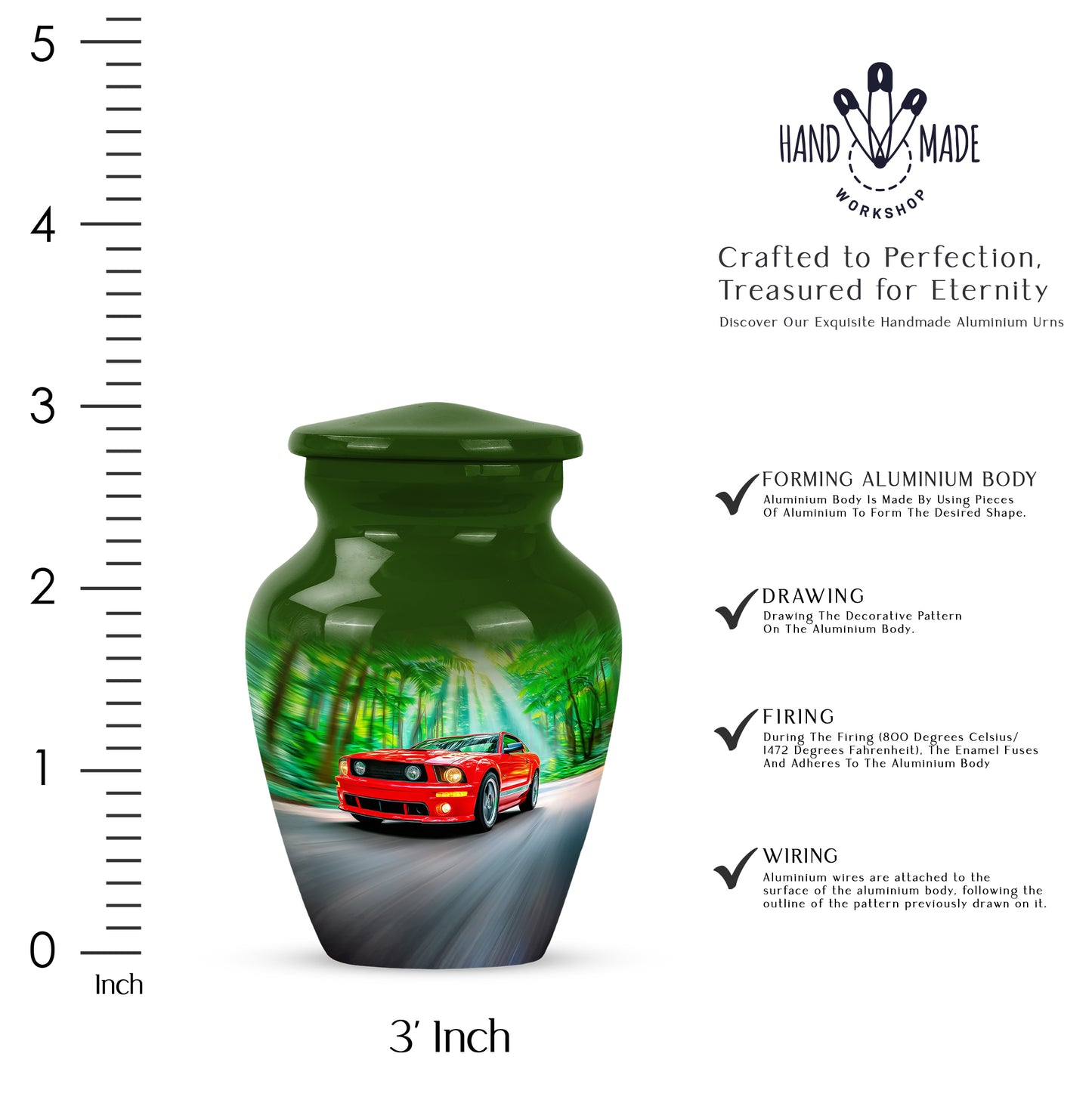 Verdant Green Car Cremation Urn close-up of engraving and surface detail - timeless car motif etched into premium metal - mini keepsake memorial for portion of cremation ashes