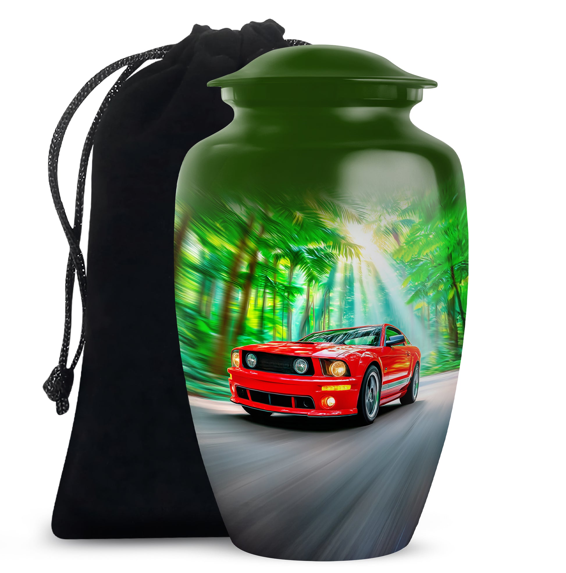 Pine Green Car Cremation Urn angled view of lid and engraved motif - traditional car engraving with hand-polished finish - full-size 10 inch 200 cubic inch adult cremation urn