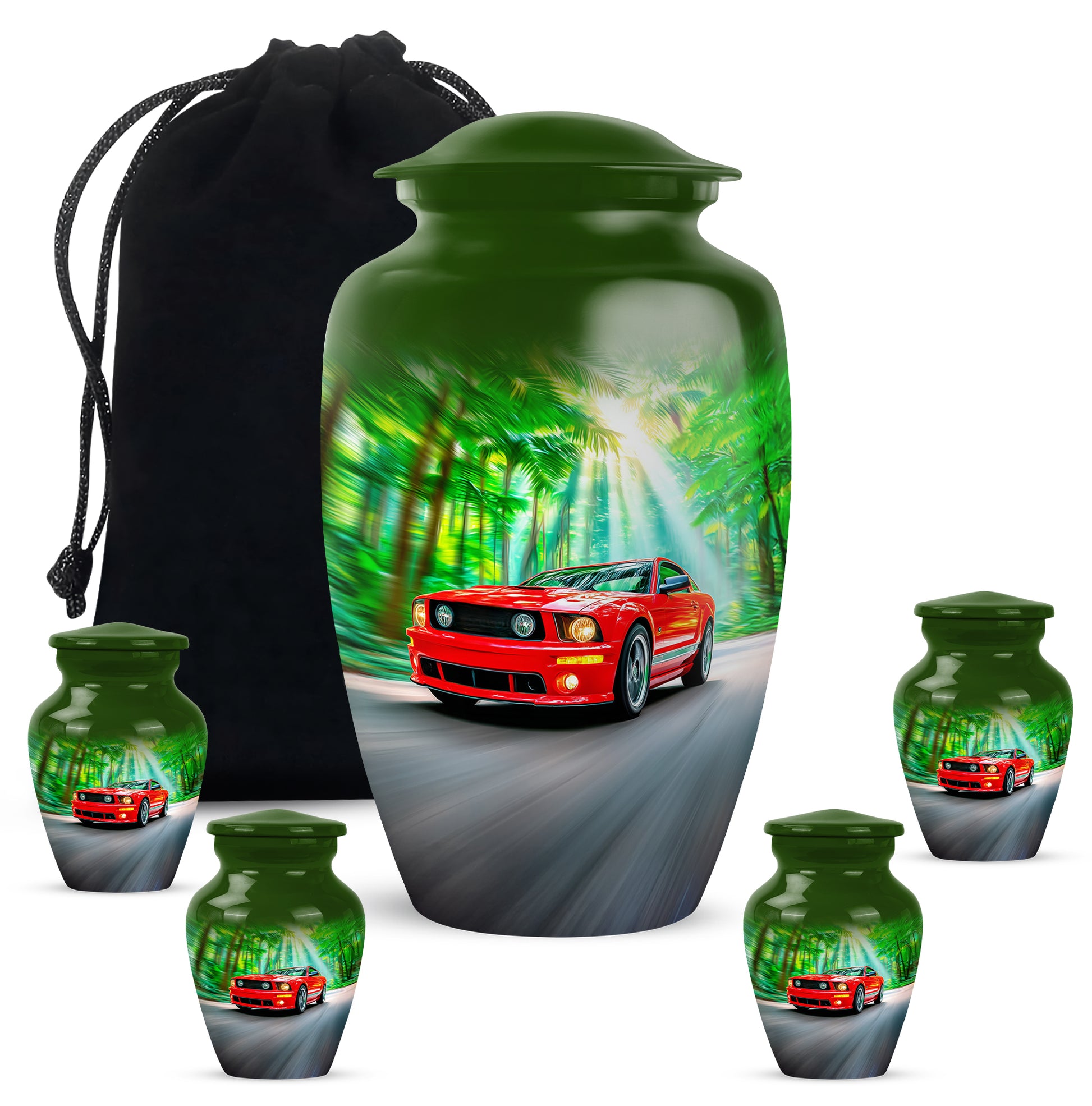 Forest Green Car Cremation Urn top-down view of secure threaded lid - traditional car engraving with hand-polished finish - memorial set with one large and four small urns