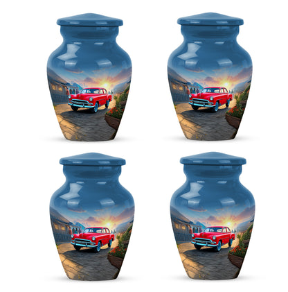 Powder Blue Car Cremation Urn side profile showing urn shape - classic sculpted car pattern on smooth aluminum - 10 inch aluminum urn for cremated remains