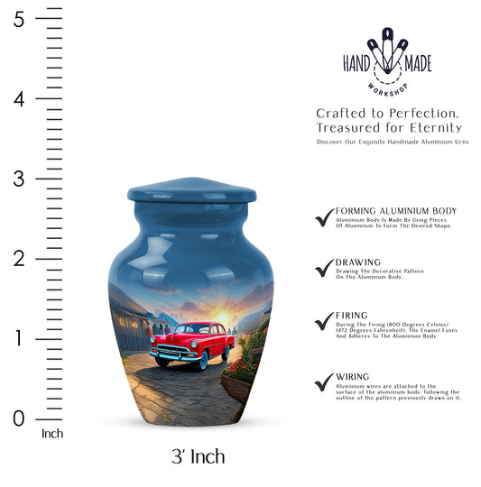 Dusty Blue Car Cremation Urn close-up of engraving and surface detail - classic sculpted car pattern on smooth aluminum - mini keepsake memorial for portion of cremation ashes
