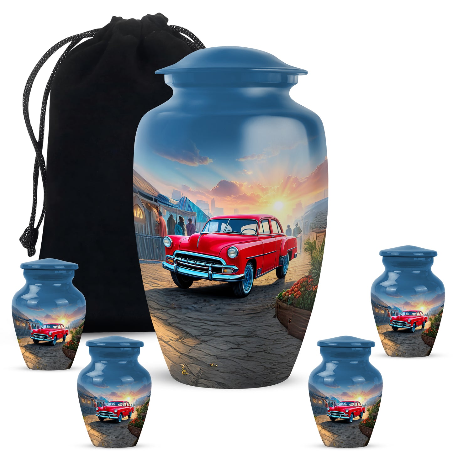 Steel Blue Car Cremation Urn top-down view of secure threaded lid - elegant classic car relief with fine detailing - memorial set with one large and four small urns