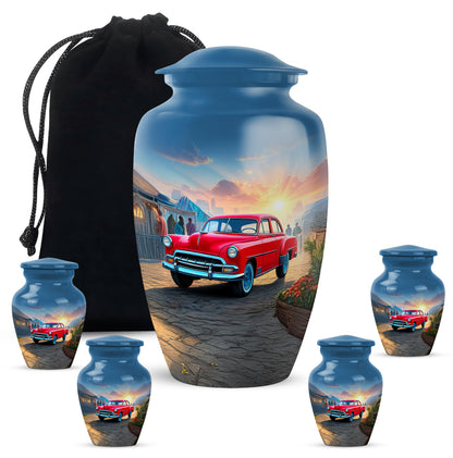 Steel Blue Car Cremation Urn top-down view of secure threaded lid - elegant classic car relief with fine detailing - memorial set with one large and four small urns