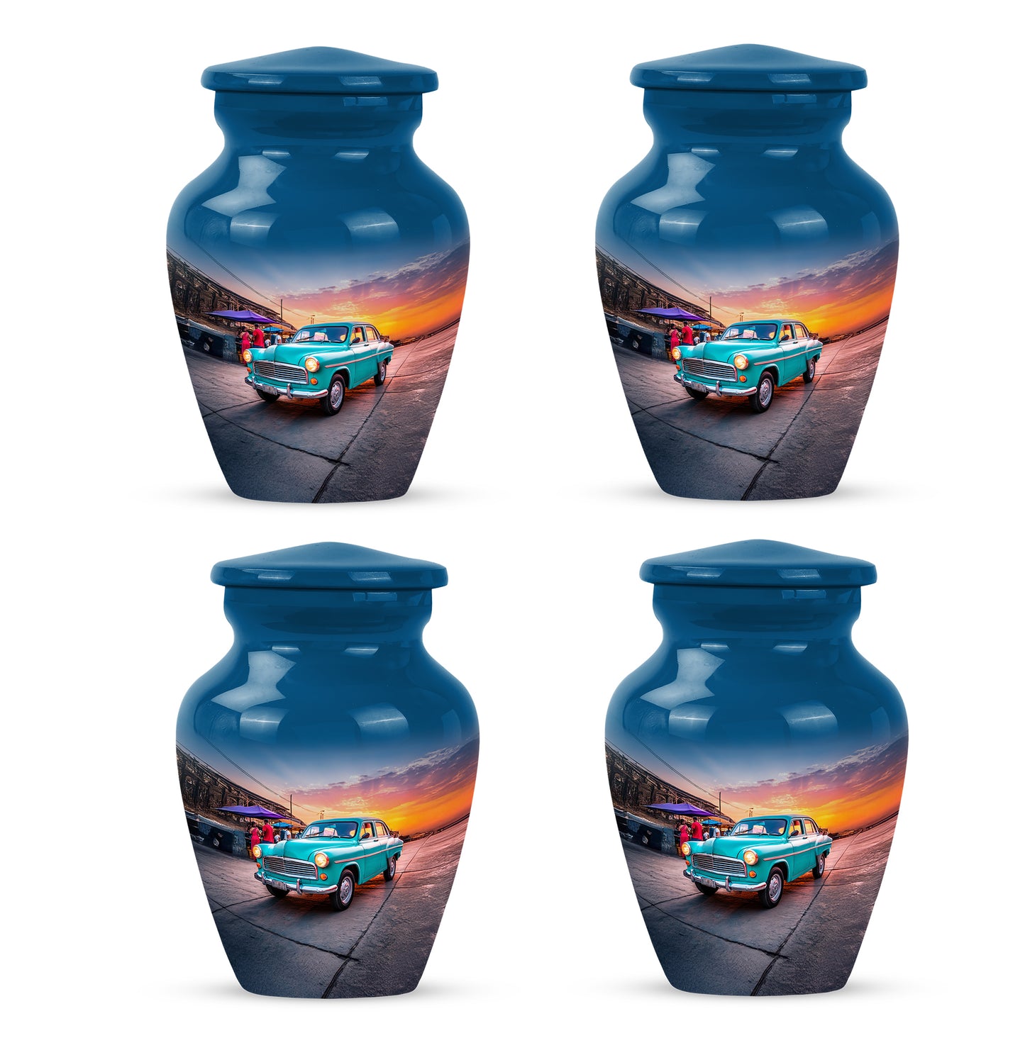 Vivid Blue Car Cremation Urn side profile showing urn shape - elegant classic car relief with fine detailing - 10 inch aluminum urn for cremated remains