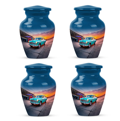 Vivid Blue Car Cremation Urn side profile showing urn shape - elegant classic car relief with fine detailing - 10 inch aluminum urn for cremated remains
