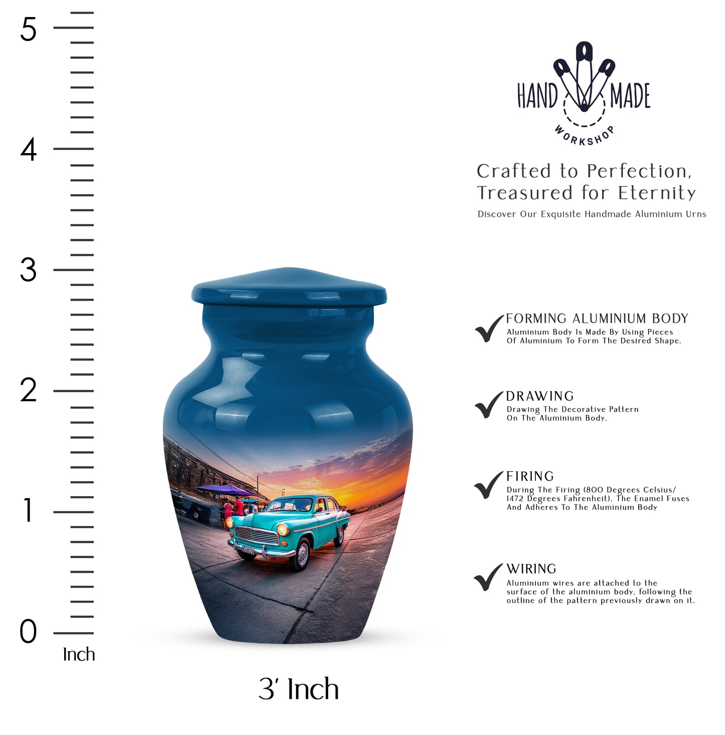 Steel Blue Car Cremation Urn close-up of engraving and surface detail - elegant classic car relief with fine detailing - mini keepsake memorial for portion of cremation ashes