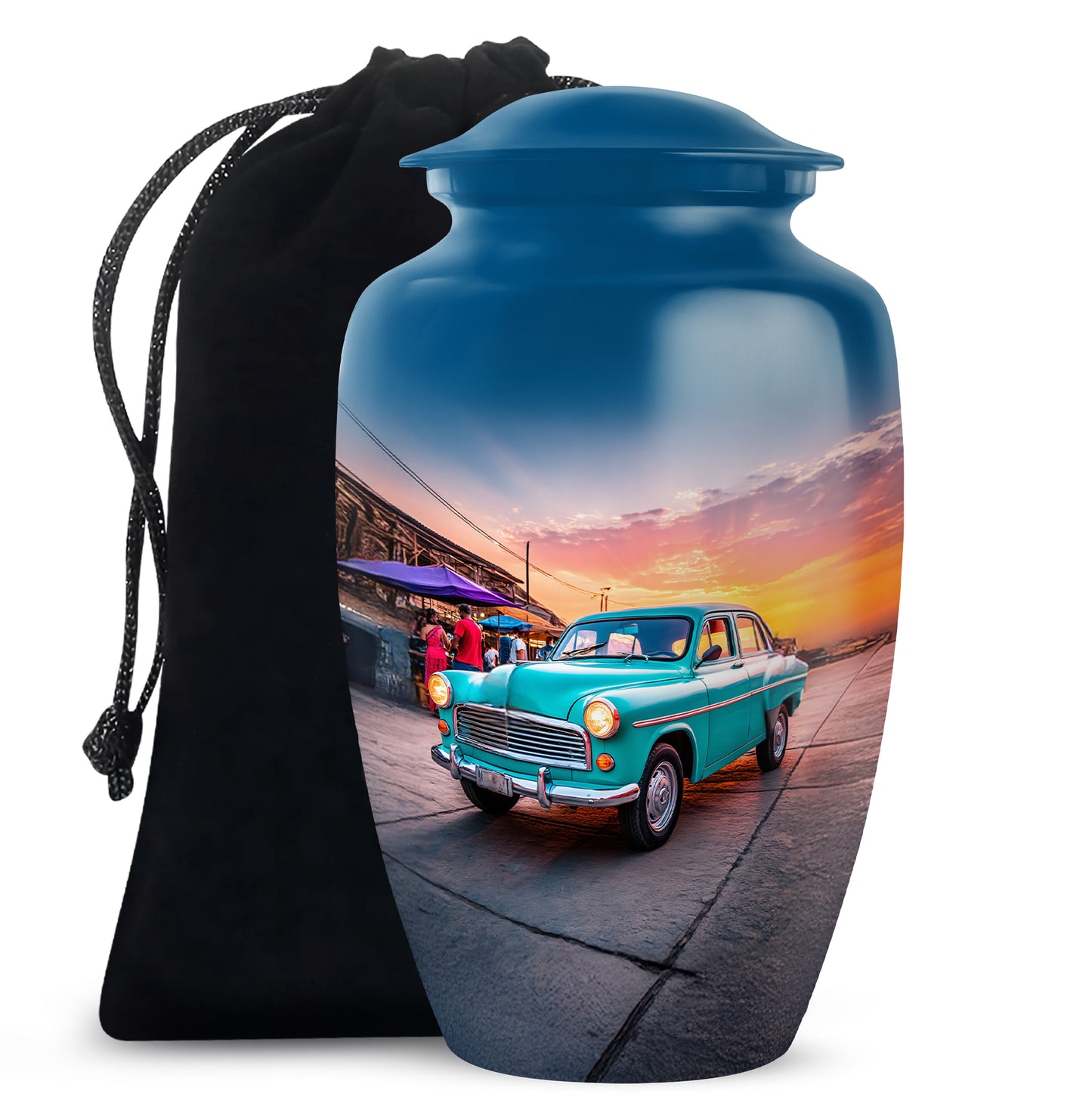 Serene Blue Car Cremation Urn angled view of lid and engraved motif - elegant classic car relief with fine detailing - full-size 10 inch 200 cubic inch adult cremation urn