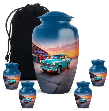 Serene Blue Car Cremation Urn top-down view of secure threaded lid - traditional car engraving with hand-polished finish - memorial set with one large and four small urns