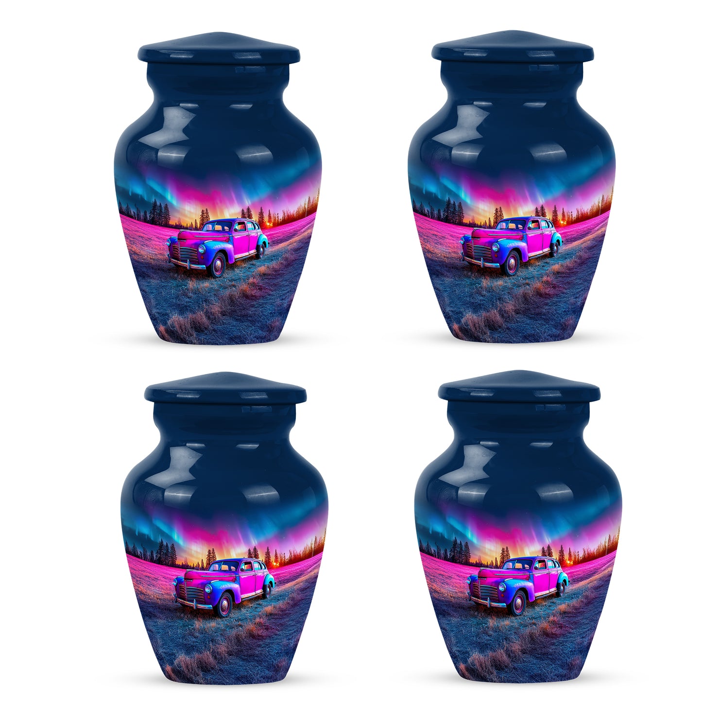 Sapphire Blue Car Cremation Urn side profile showing urn shape - elegant classic car relief with fine detailing - 10 inch aluminum urn for cremated remains