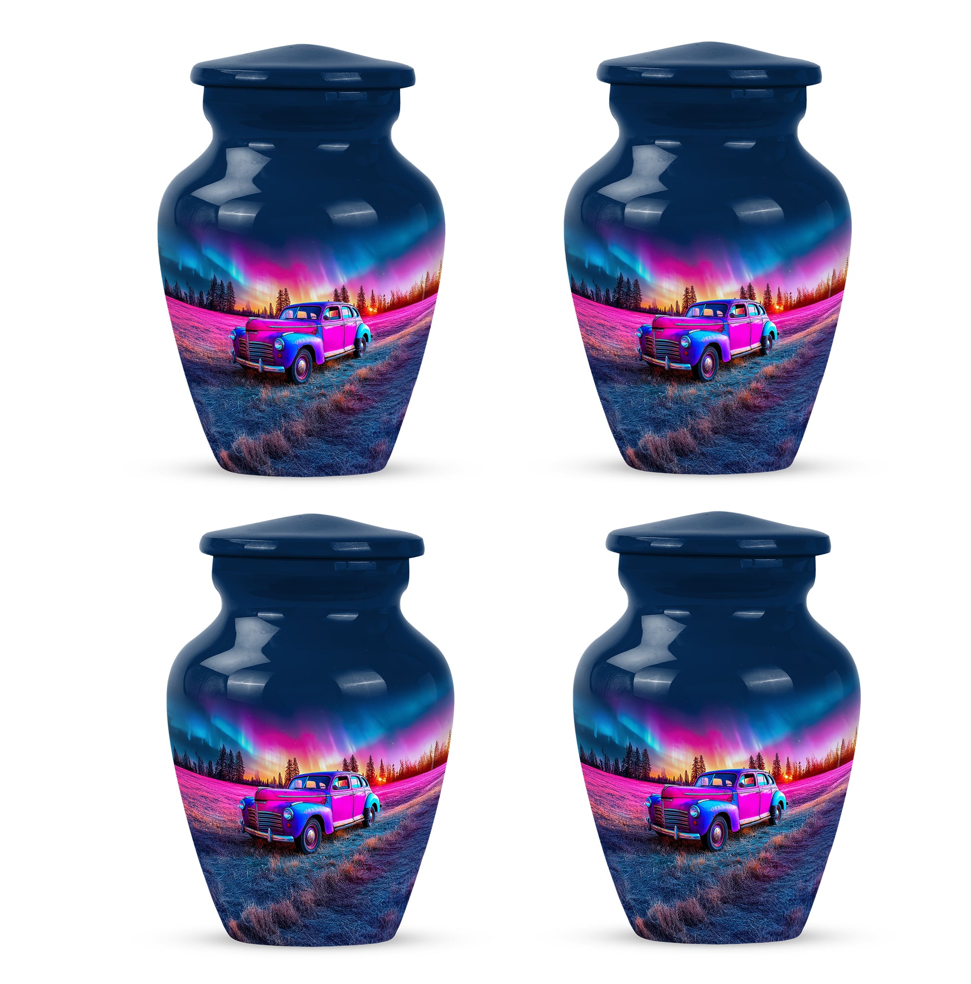 Sapphire Blue Car Cremation Urn side profile showing urn shape - elegant classic car relief with fine detailing - 10 inch aluminum urn for cremated remains
