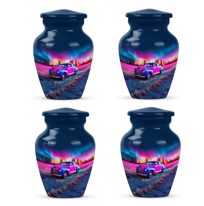 Sapphire Blue Car Cremation Urn side profile showing urn shape - elegant classic car relief with fine detailing - 10 inch aluminum urn for cremated remains