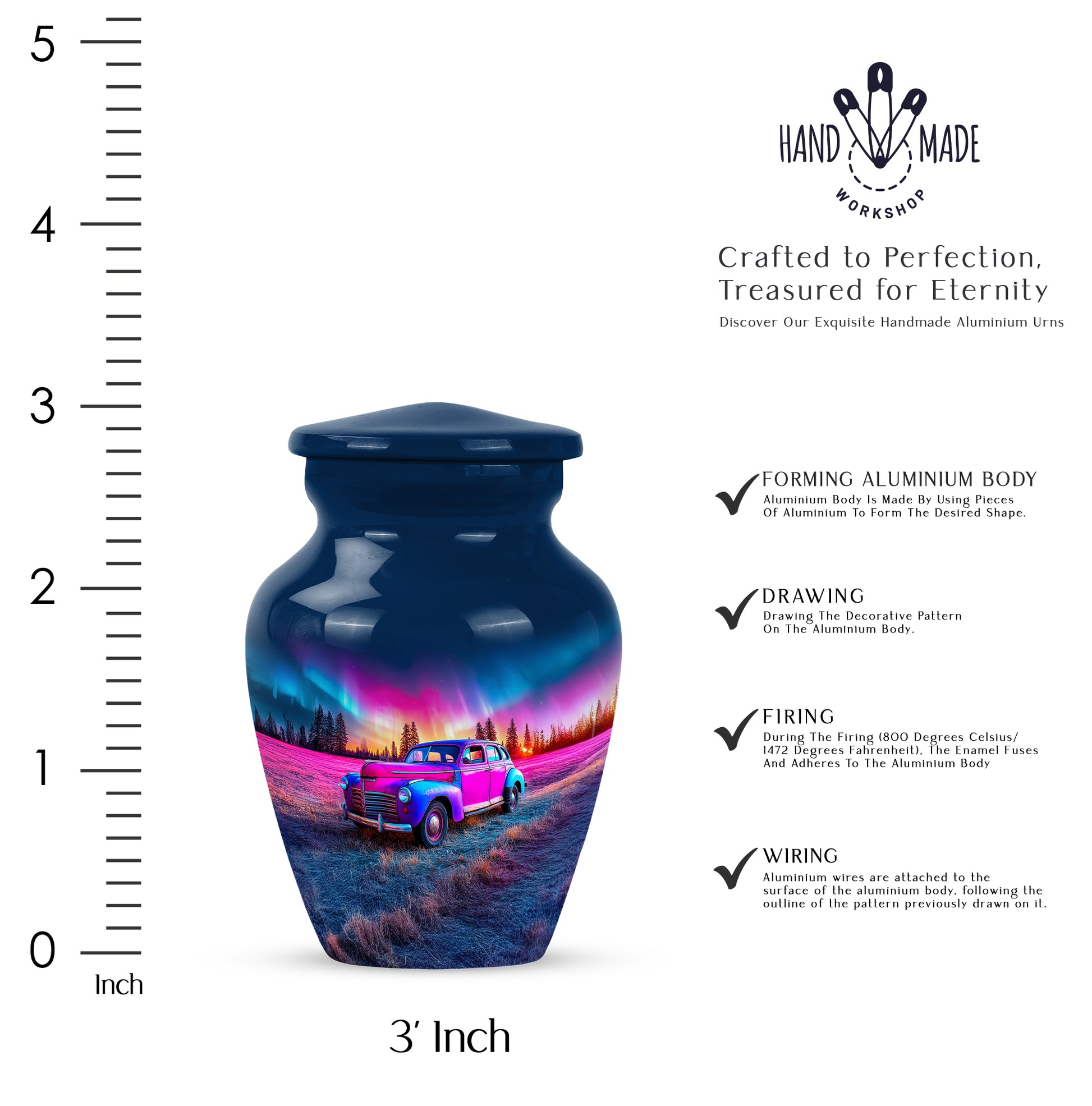 Twilight Blue Car Cremation Urn close-up of engraving and surface detail - elegant classic car relief with fine detailing - mini keepsake memorial for portion of cremation ashes