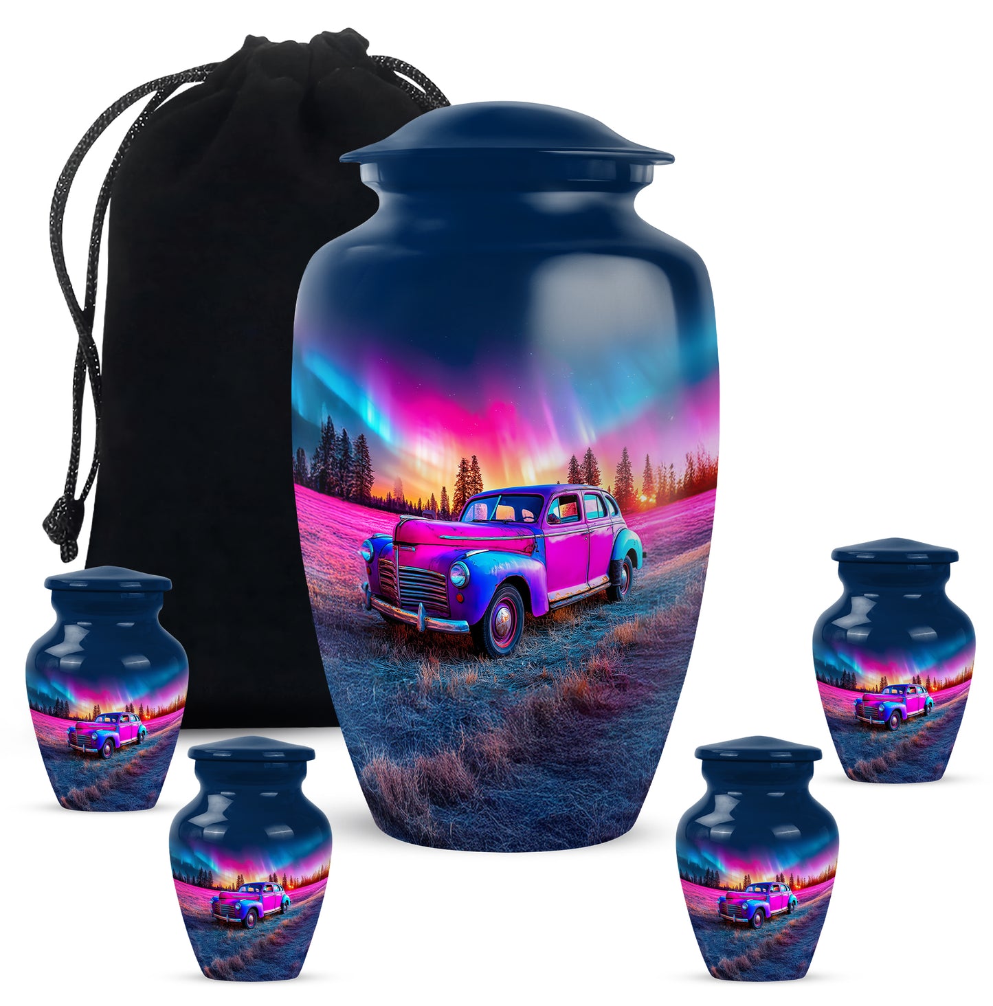 Cobalt Blue Car Cremation Urn top-down view of secure threaded lid - elegant classic car relief with fine detailing - memorial set with one large and four small urns