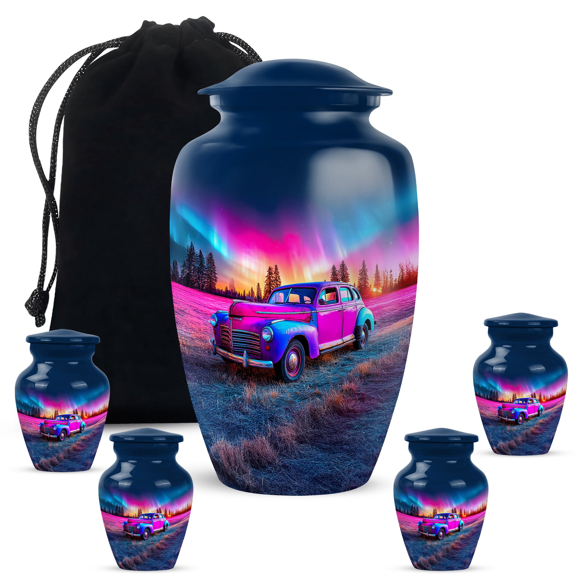 Cobalt Blue Car Cremation Urn top-down view of secure threaded lid - elegant classic car relief with fine detailing - memorial set with one large and four small urns