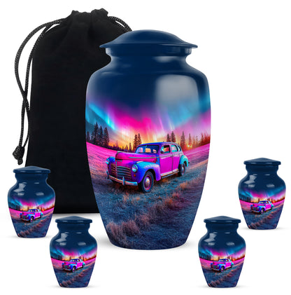Cobalt Blue Car Cremation Urn top-down view of secure threaded lid - elegant classic car relief with fine detailing - memorial set with one large and four small urns