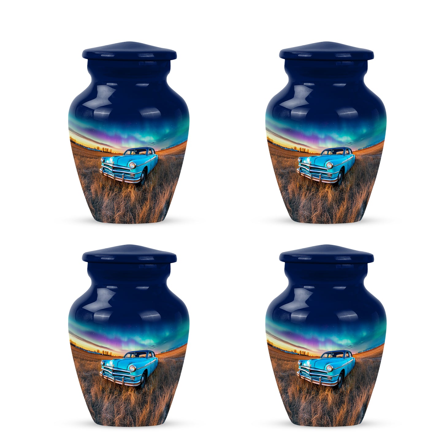 Sapphire Blue Car Cremation Urn side profile showing urn shape - elegant classic car relief with fine detailing - 10 inch aluminum urn for cremated remains