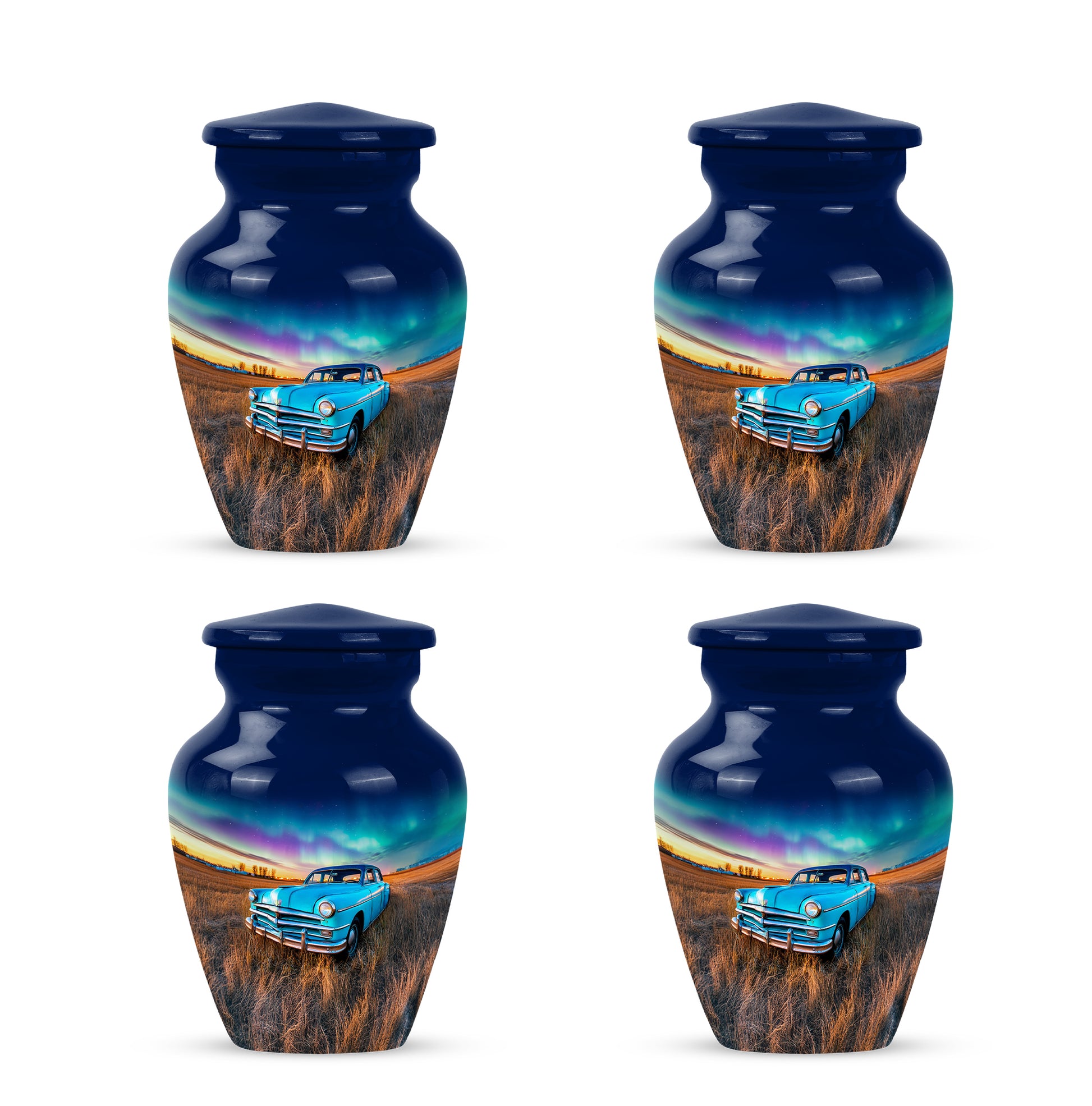 Sapphire Blue Car Cremation Urn side profile showing urn shape - elegant classic car relief with fine detailing - 10 inch aluminum urn for cremated remains
