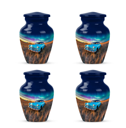 Sapphire Blue Car Cremation Urn side profile showing urn shape - elegant classic car relief with fine detailing - 10 inch aluminum urn for cremated remains