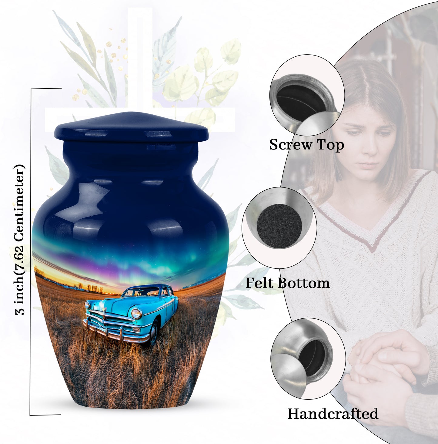 Misty Blue Car Cremation Urn close-up of engraving and surface detail - classic sculpted car pattern on smooth aluminum - mini keepsake memorial for portion of cremation ashes