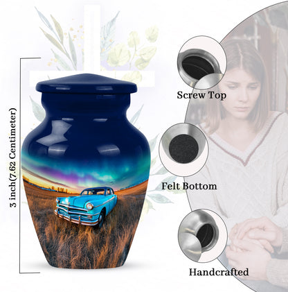 Misty Blue Car Cremation Urn close-up of engraving and surface detail - classic sculpted car pattern on smooth aluminum - mini keepsake memorial for portion of cremation ashes
