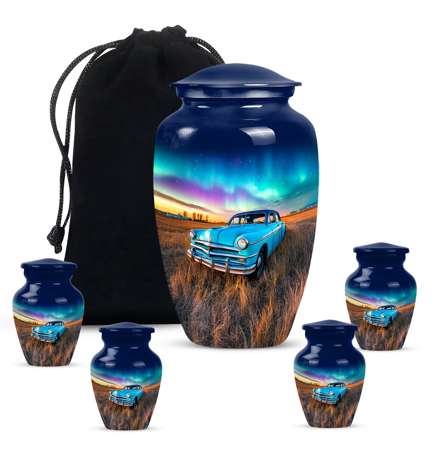 Dusty Blue Car Cremation Urn top-down view of secure threaded lid - timeless car motif etched into premium metal - memorial set with one large and four small urns