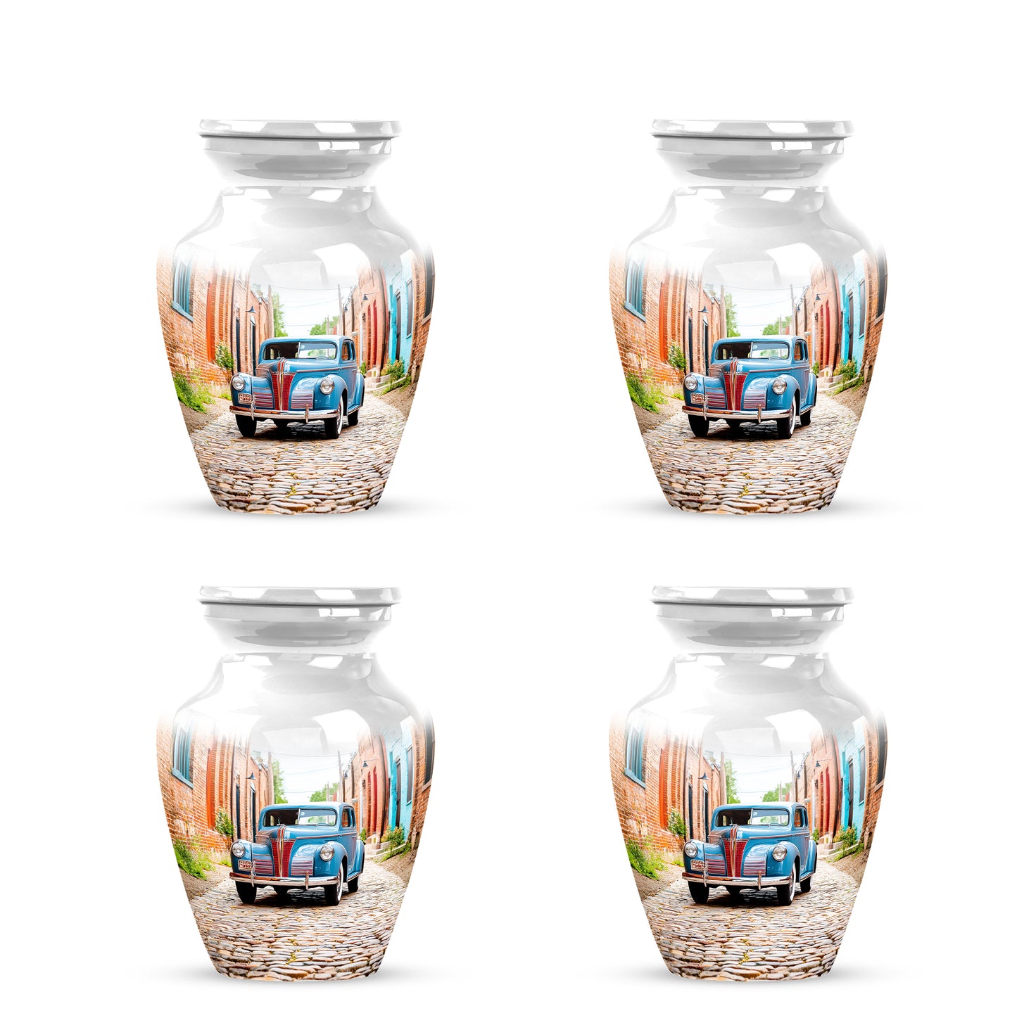 Frosted Silver Car Cremation Urn side profile showing urn shape - traditional car engraving with hand-polished finish - 10 inch aluminum urn for cremated remains