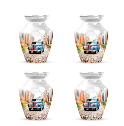 Frosted Silver Car Cremation Urn side profile showing urn shape - traditional car engraving with hand-polished finish - 10 inch aluminum urn for cremated remains