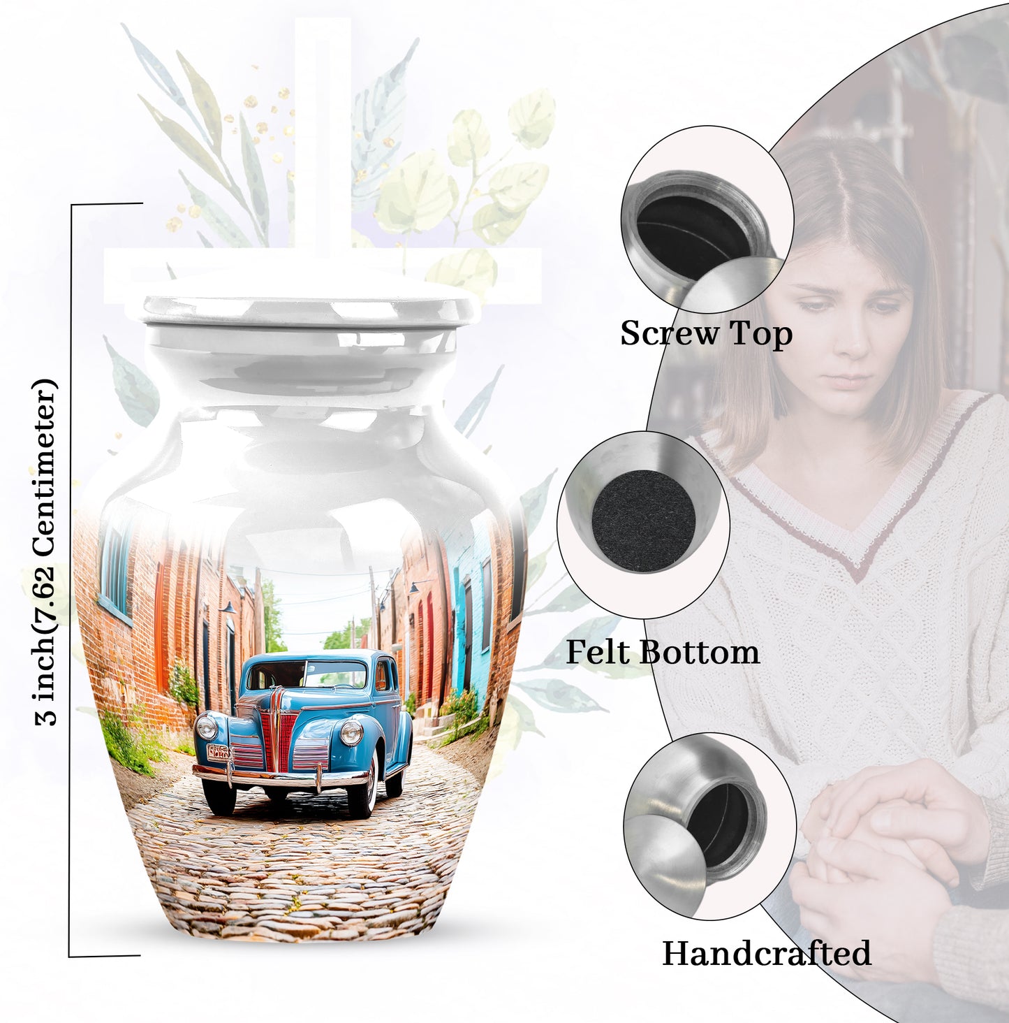 Platinum Silver Car Cremation Urn close-up of engraving and surface detail - classic sculpted car pattern on smooth aluminum - mini keepsake memorial for portion of cremation ashes