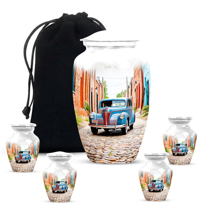 Moonlight Silver Car Cremation Urn top-down view of secure threaded lid - traditional car engraving with hand-polished finish - memorial set with one large and four small urns