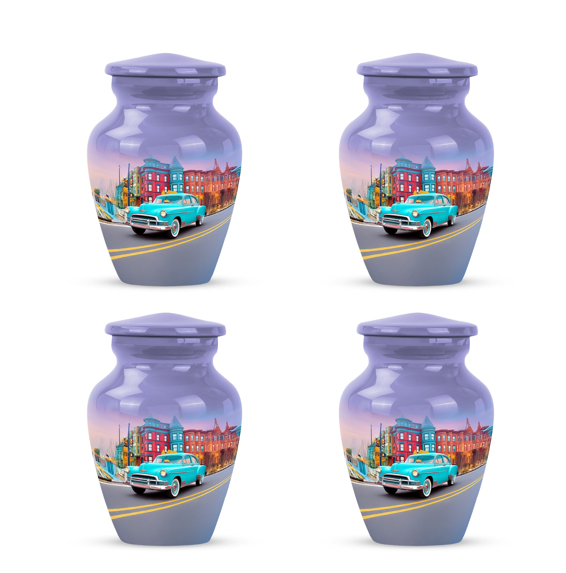 Twilight Blue Car Cremation Urn side profile showing urn shape - traditional car engraving with hand-polished finish - 10 inch aluminum urn for cremated remains