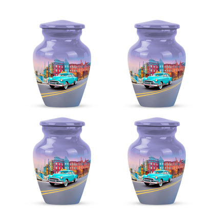 Twilight Blue Car Cremation Urn side profile showing urn shape - traditional car engraving with hand-polished finish - 10 inch aluminum urn for cremated remains