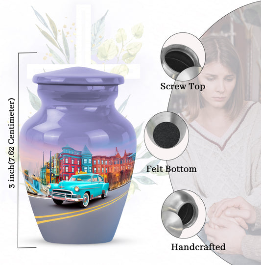 Dusty Blue Car Cremation Urn close-up of engraving and surface detail - timeless car motif etched into premium metal - mini keepsake memorial for portion of cremation ashes