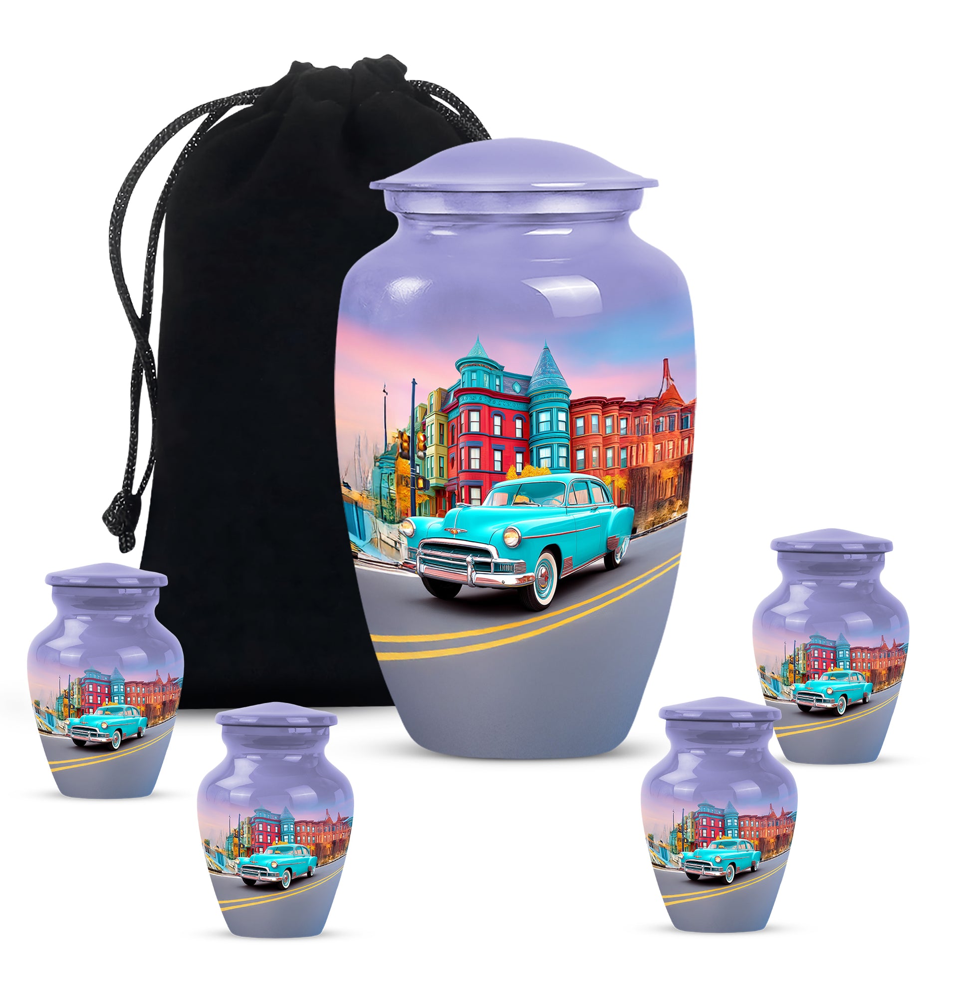 Azure Car Cremation Urn top-down view of secure threaded lid - timeless car motif etched into premium metal - memorial set with one large and four small urns