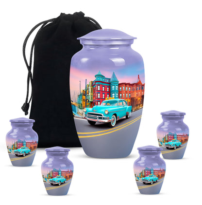 Azure Car Cremation Urn top-down view of secure threaded lid - timeless car motif etched into premium metal - memorial set with one large and four small urns