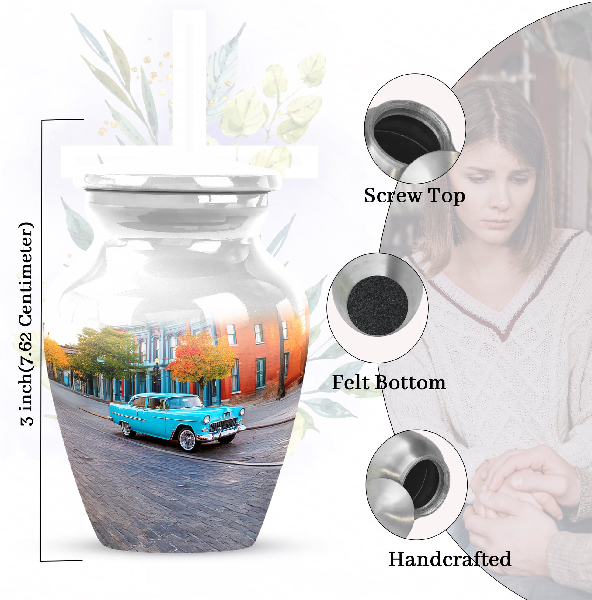 Platinum Silver Car Cremation Urn close-up of engraving and surface detail - classic sculpted car pattern on smooth aluminum - mini keepsake memorial for portion of cremation ashes