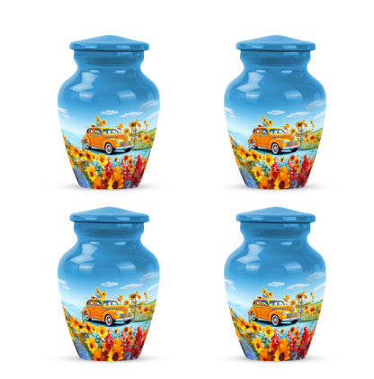 Sky Blue Car Cremation Urn side profile showing urn shape - classic sculpted car pattern on smooth aluminum - 10 inch aluminum urn for cremated remains