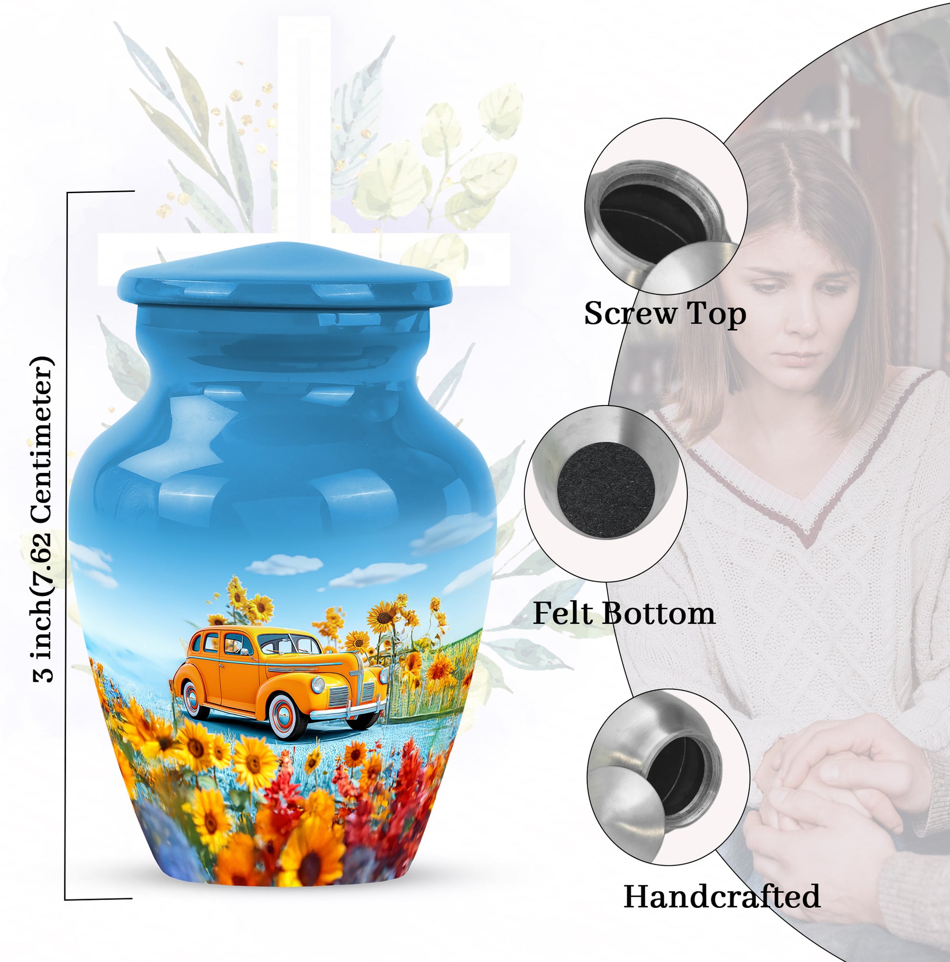 Serene Blue Car Cremation Urn close-up of engraving and surface detail - elegant classic car relief with fine detailing - mini keepsake memorial for portion of cremation ashes