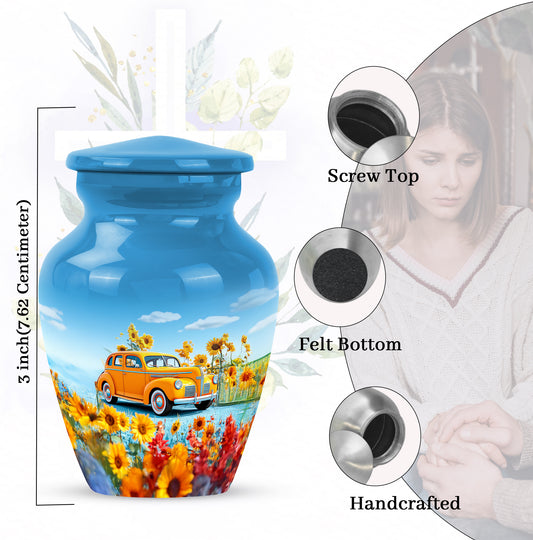 Serene Blue Car Cremation Urn close-up of engraving and surface detail - elegant classic car relief with fine detailing - mini keepsake memorial for portion of cremation ashes
