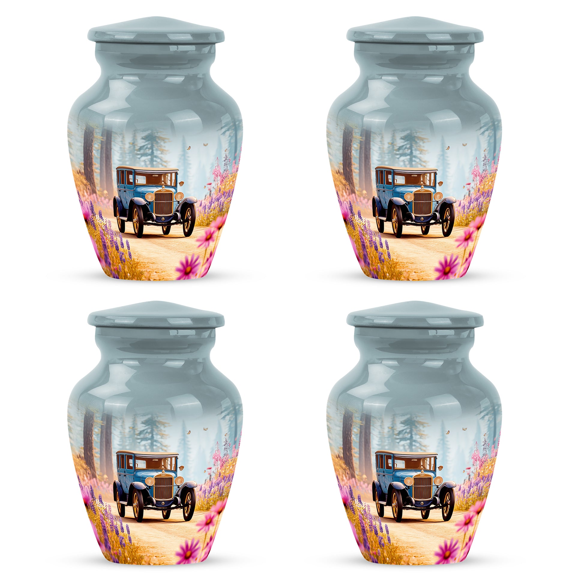 Soft Teal Car Cremation Urn side profile showing urn shape - timeless car motif etched into premium metal - 10 inch aluminum urn for cremated remains