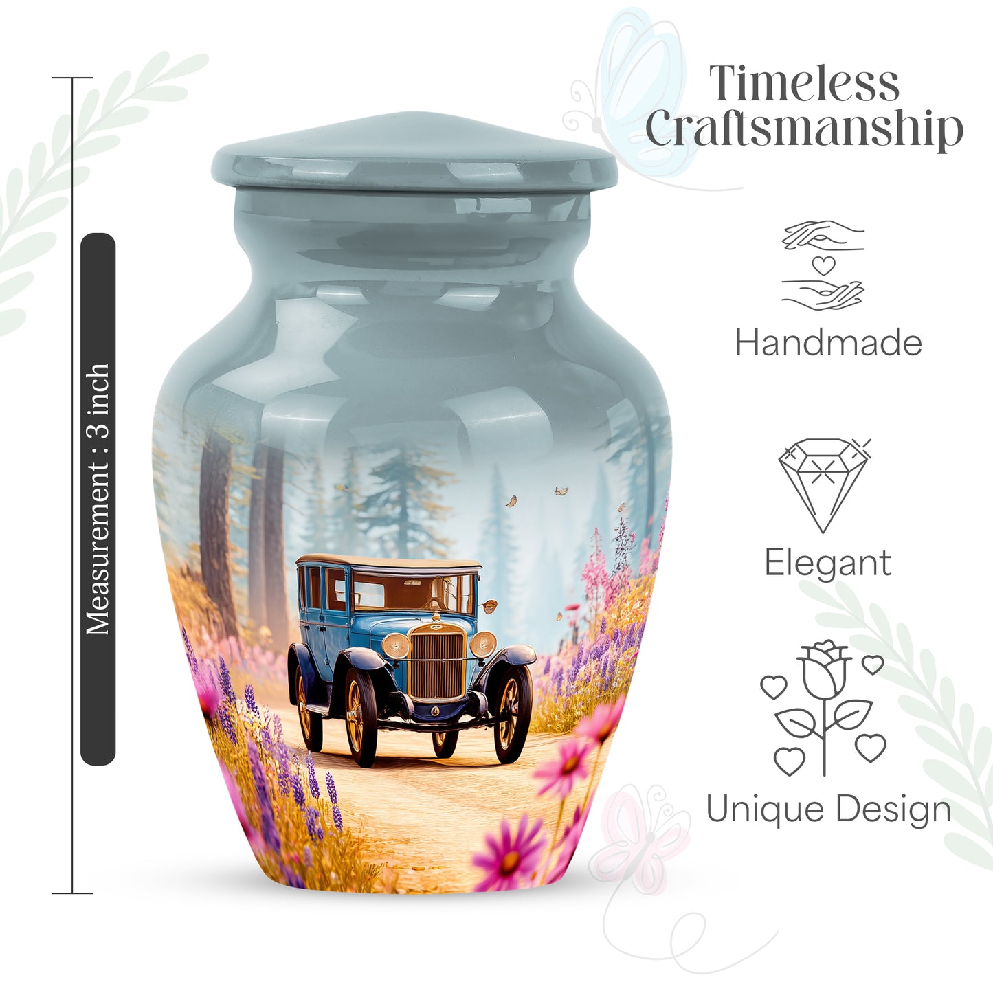Ocean Teal Car Cremation Urn close-up of engraving and surface detail - classic sculpted car pattern on smooth aluminum - mini keepsake memorial for portion of cremation ashes