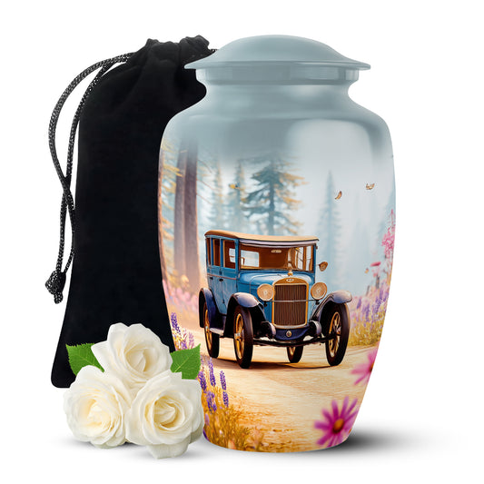Jewel Teal Car Cremation Urn angled view of lid and engraved motif - timeless car motif etched into premium metal - full-size 10 inch 200 cubic inch adult cremation urn