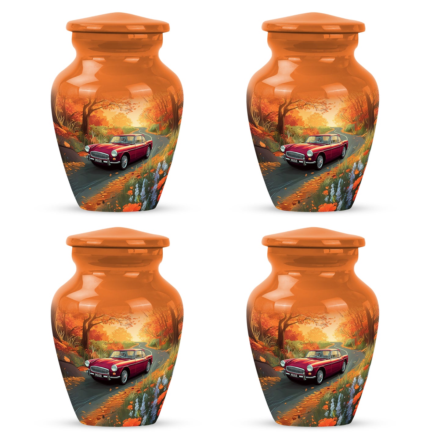 Royal Gold Car Cremation Urn side profile showing urn shape - elegant classic car relief with fine detailing - 10 inch aluminum urn for cremated remains