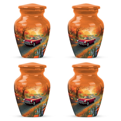 Royal Gold Car Cremation Urn side profile showing urn shape - elegant classic car relief with fine detailing - 10 inch aluminum urn for cremated remains