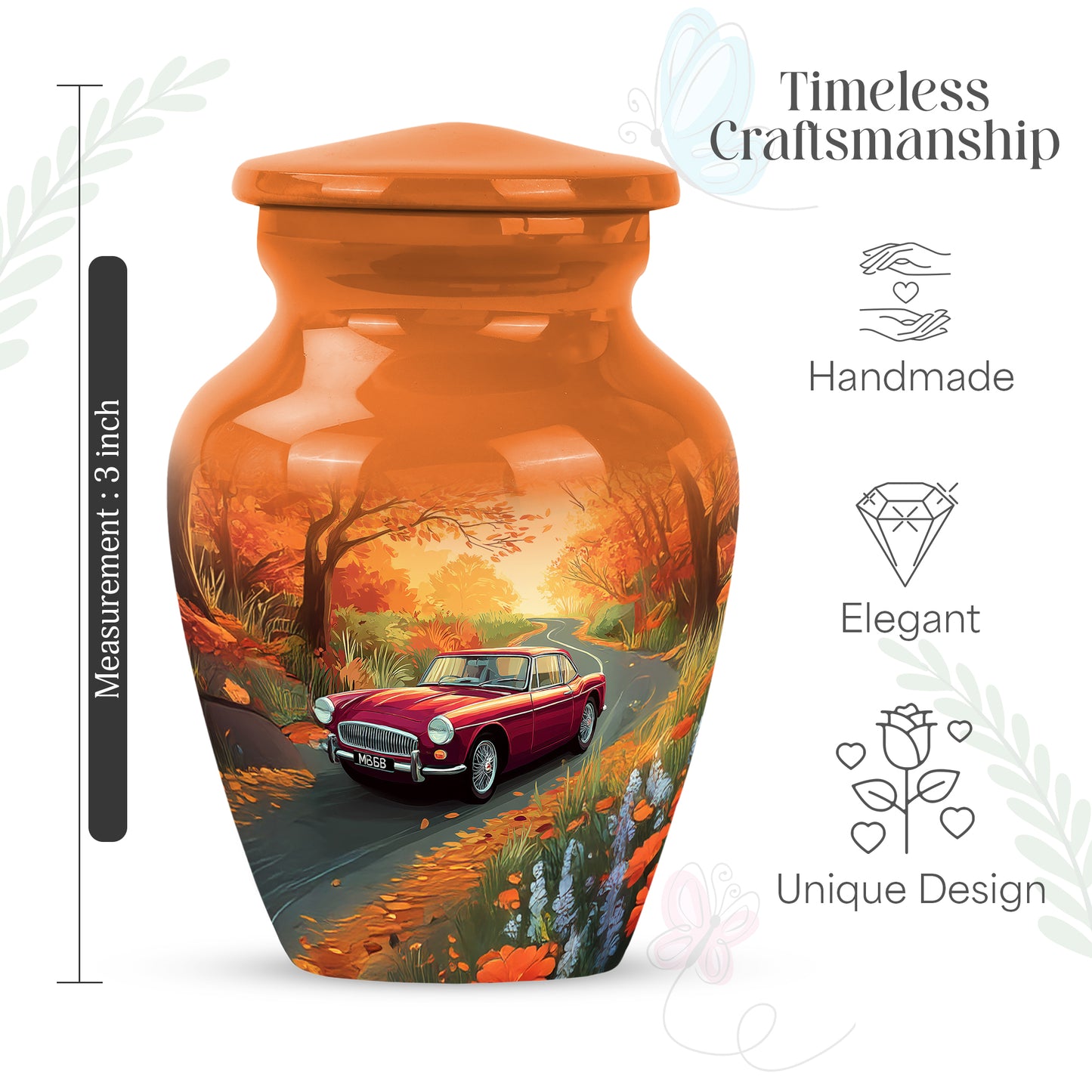 Matte Gold Car Cremation Urn close-up of engraving and surface detail - traditional car engraving with hand-polished finish - mini keepsake memorial for portion of cremation ashes