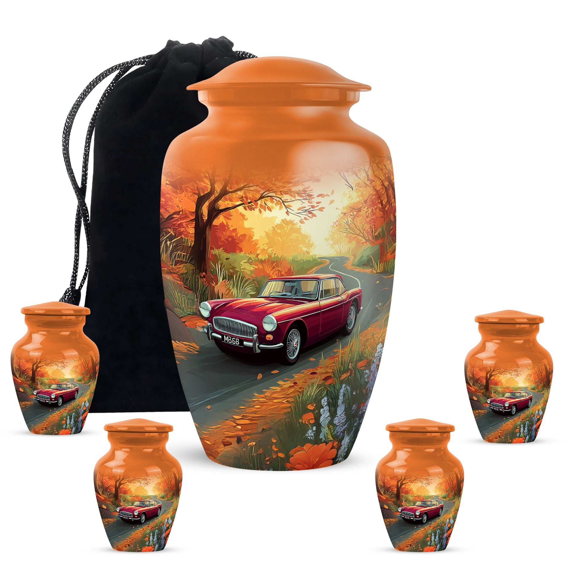 Burnished Gold Car Cremation Urn top-down view of secure threaded lid - traditional car engraving with hand-polished finish - memorial set with one large and four small urns