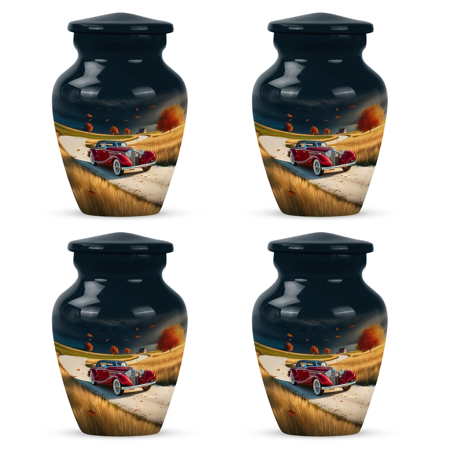Powder Blue Car Cremation Urn side profile showing urn shape - timeless car motif etched into premium metal - 10 inch aluminum urn for cremated remains
