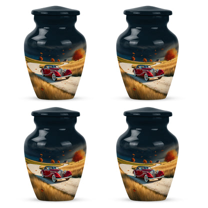 Powder Blue Car Cremation Urn side profile showing urn shape - timeless car motif etched into premium metal - 10 inch aluminum urn for cremated remains