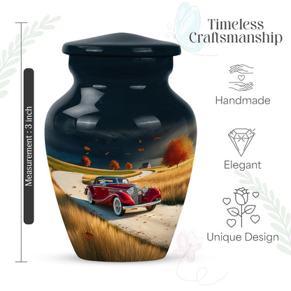 Cornflower Blue Car Cremation Urn close-up of engraving and surface detail - elegant classic car relief with fine detailing - mini keepsake memorial for portion of cremation ashes