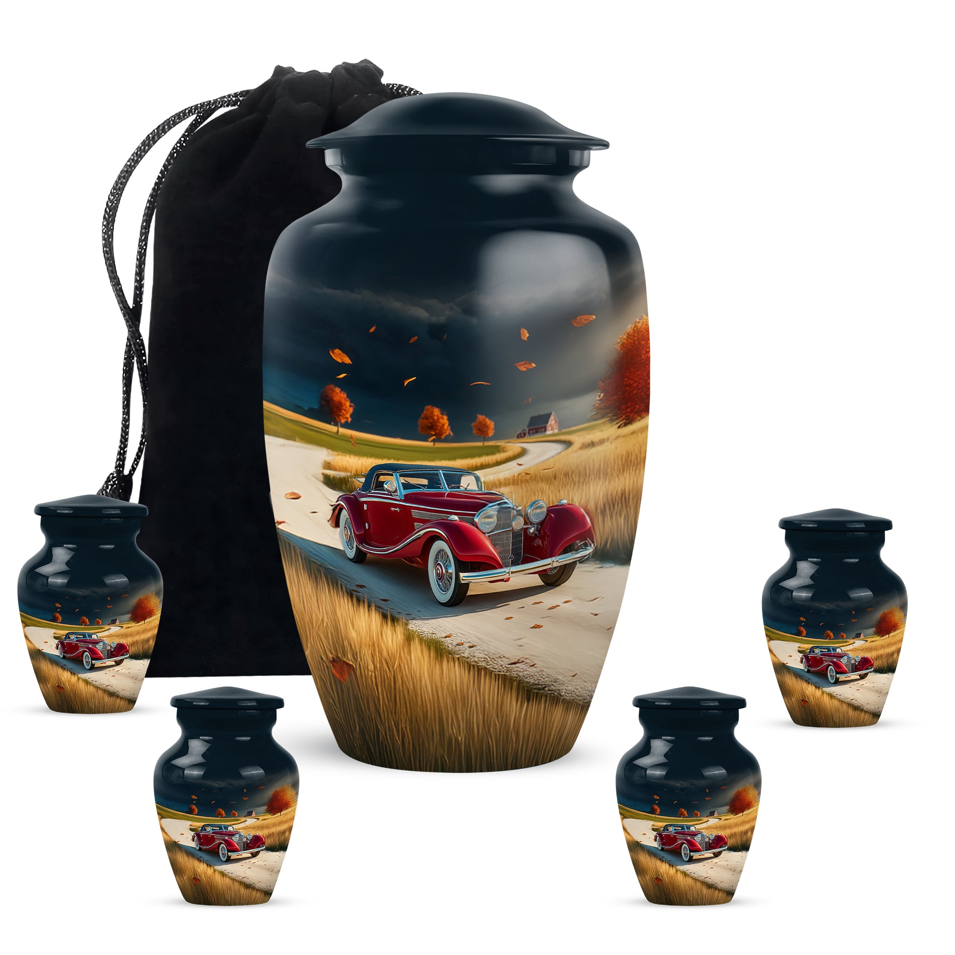Indigo Car Cremation Urn top-down view of secure threaded lid - classic sculpted car pattern on smooth aluminum - memorial set with one large and four small urns