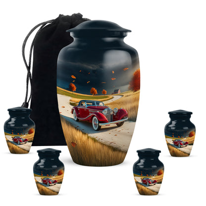 Indigo Car Cremation Urn top-down view of secure threaded lid - classic sculpted car pattern on smooth aluminum - memorial set with one large and four small urns